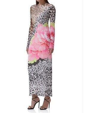 AFRM Didi Animal Floral Print Crew Neck Long Sleeve Mesh Maxi Dress XL